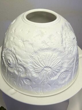 White Porcelain Dandelion Lithophane Candle Holder Dome with Saucer